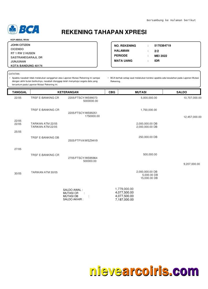INDONESIA BCA bank statement, Word and PDF format